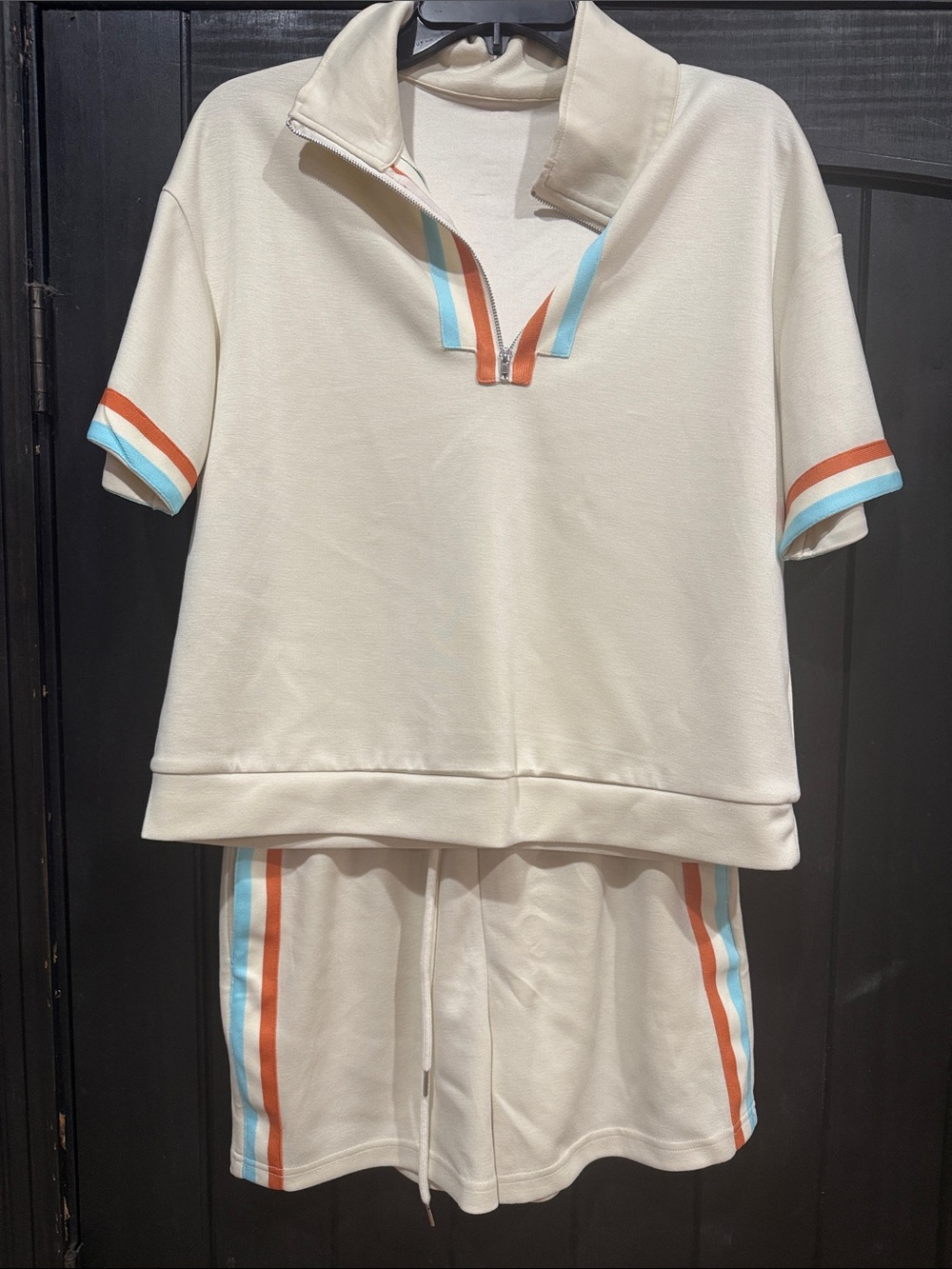 Cream Kids Short Sleeve Zip Polo Top with Striped Trim